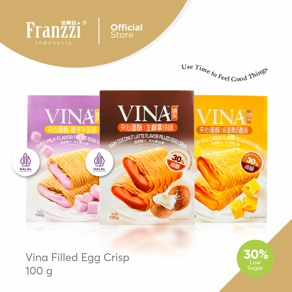 Franzzi Vina Filled Egg Crisp Roll Less Sugar 100g - Snack Wafer Rasa Taro Milk / Coconut Latte / Sa