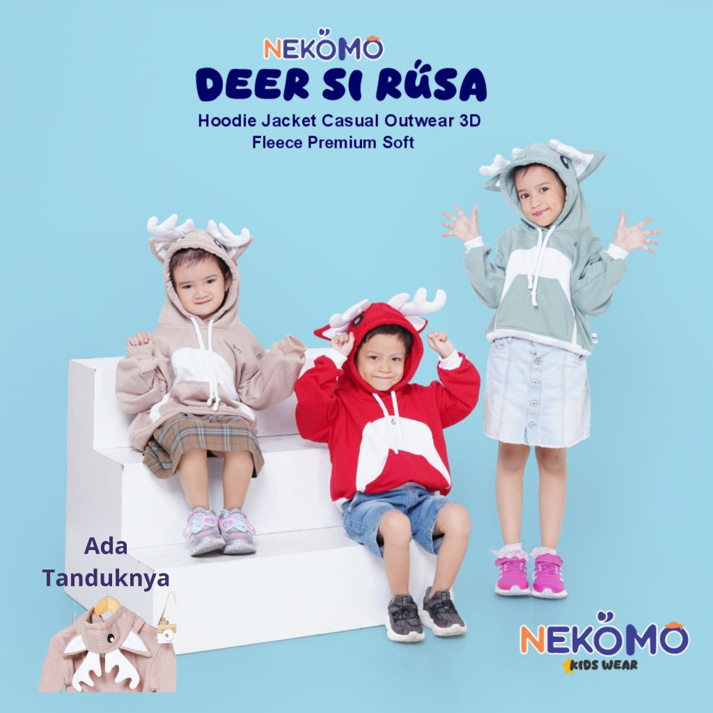 NEKOMO - Hoodie Jaket Sweater Anak Rusa Tanduk 3D Bahan Fleece Lembut & Hangat Usia 2–8 Tahun