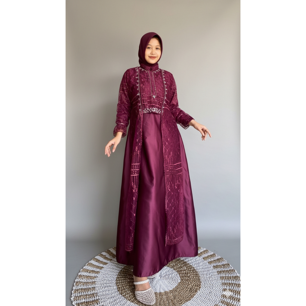 Gamis Satin Annisa Coklat Mahogany Bolero Borkat Payet Mutiara Dress Kondangan Terbaru Dress Lebaran