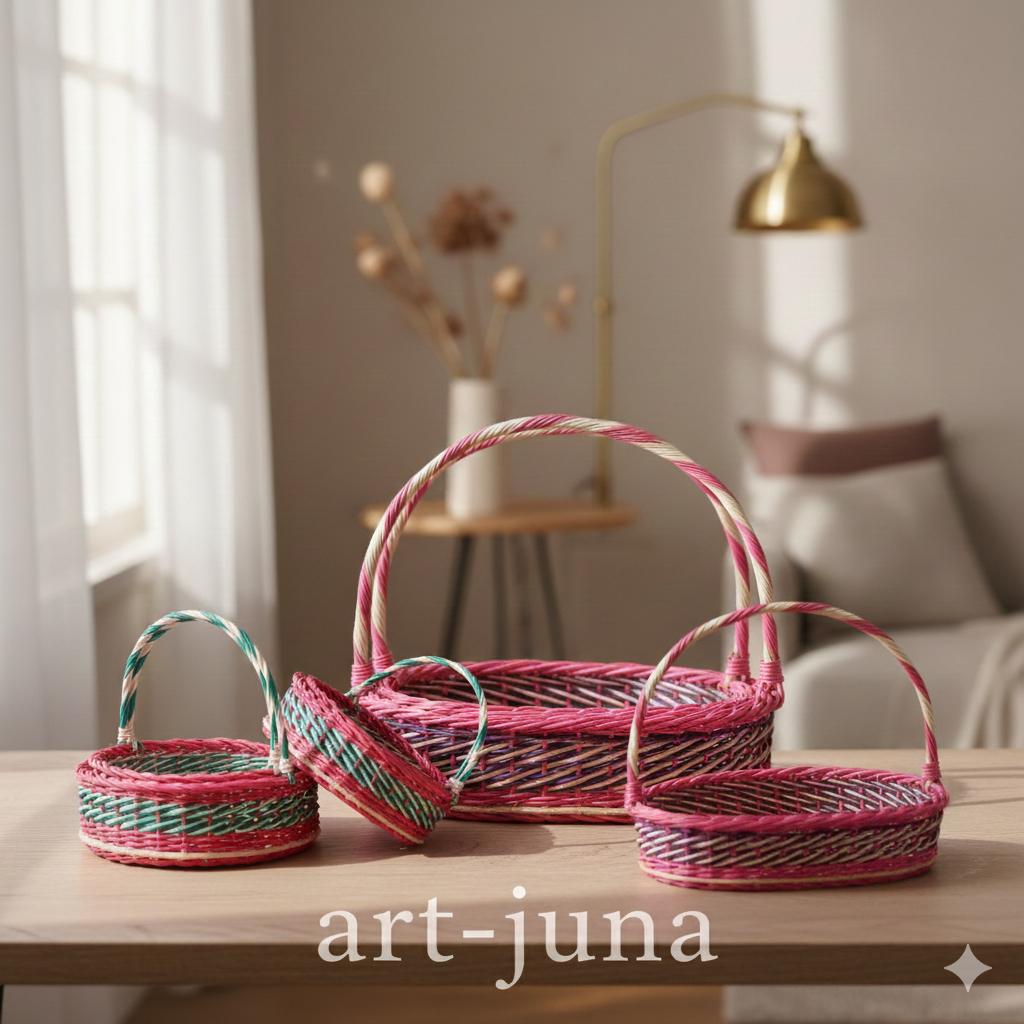 Set 2 Keranjang Parsel Rotan Asli Model ombak miring