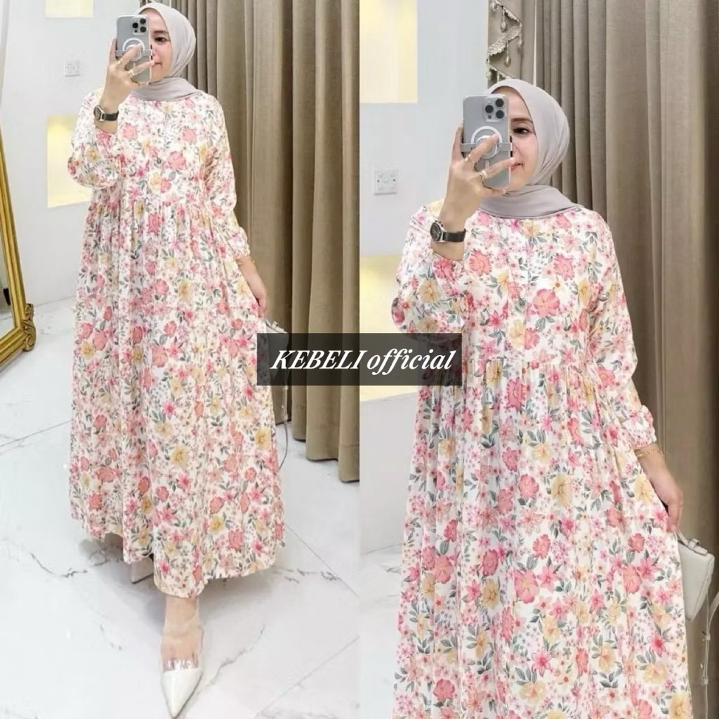 Midi Dres Bunga Cantik Lengan karet Rayon premium Bumil | Busui Wanita muslim