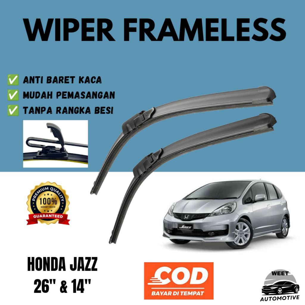 Wiper Mobil Frameless Full Karet Kaca Depan Honda JAZZ RS 2008 2009 2010 2011 2012 2013 2014