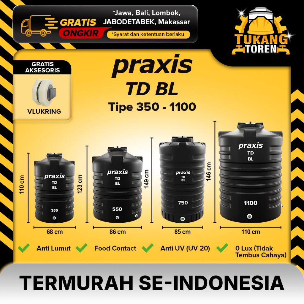 Tandon Toren Tangki Air PRAXIS 350 - 1100 Liter Anti Lumut Termurah dan Kuat