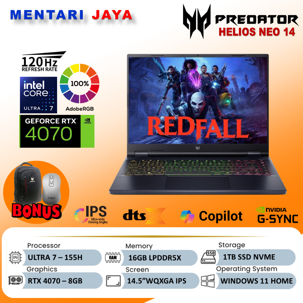 ACER Predator Helios Neo 14 Ultra 7 155H 16GB 1TB RTX4070 8GB 120Hz Win11 Black