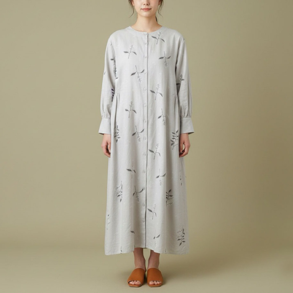 DRESS TUNIK OVERSIZE LINEN KREM PREMIUM MOTIF BORDIR BUNGA LENGAN PANJANG "TSUHARU SM2" JEPANG KOREA