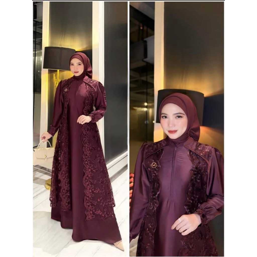 Gamis Wanita Muslimah Satin Velvet Mix Brokat - Nyaman, Model Kekinian, Jahitan Rapi