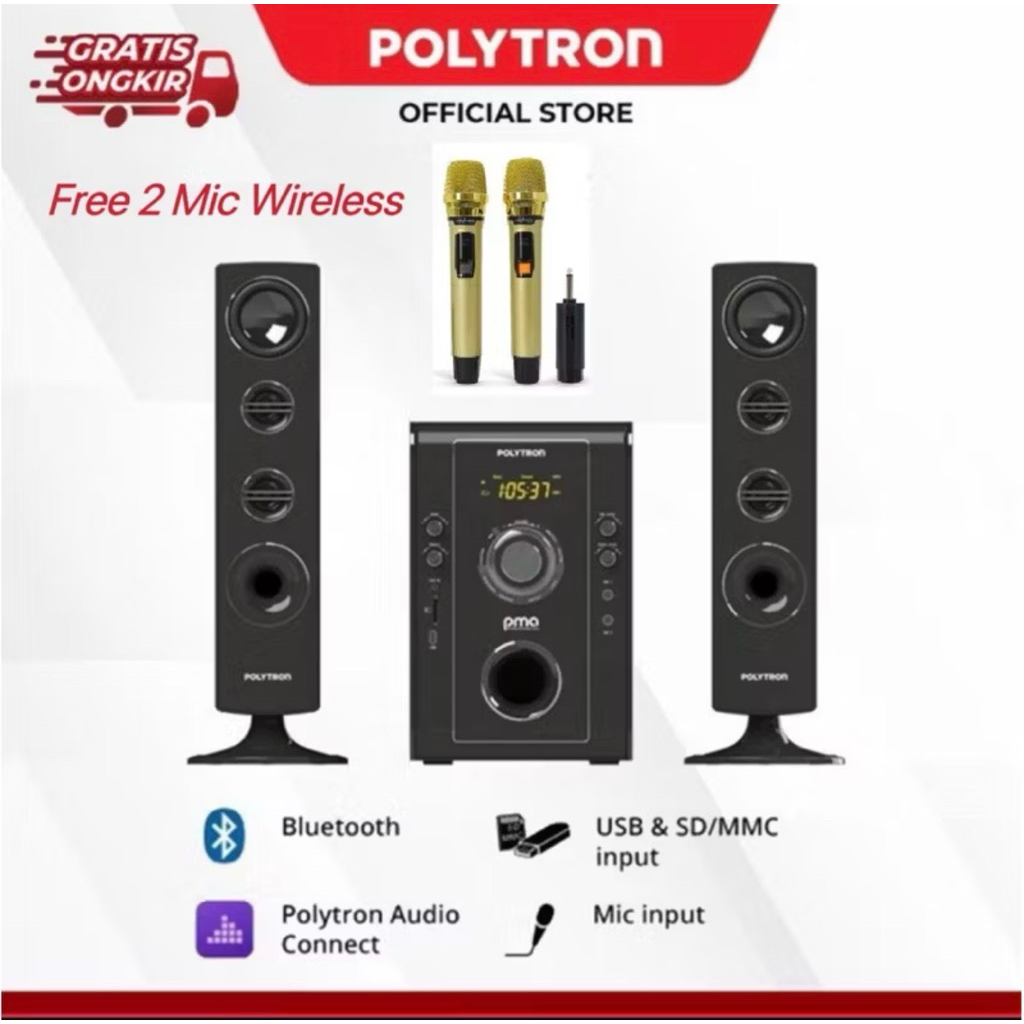 Polytron Multimedia Speaker PMA 9526 / B New Free 2 Mic Wireless