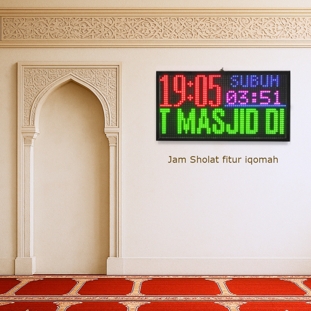 Jam digital masjid panel P5, Jam waktu sholat, Iqomah dan running text