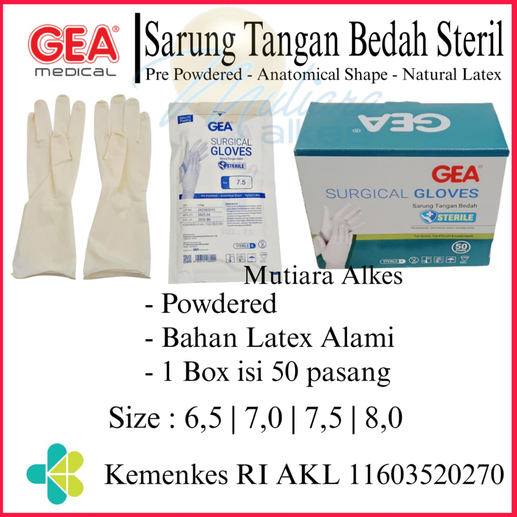 (MUTIARA ALKES) MPM Sarung Tangan Steril GEA / Sarung Tangan Bedah / Surgical Gloves / Hanscoon Ster