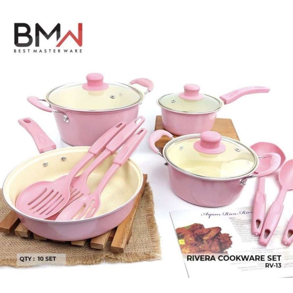 Panci Set 13 Pcs Marble Teflon Cookware Set Rivera BMW  warna panci set Spatula serbaguna
