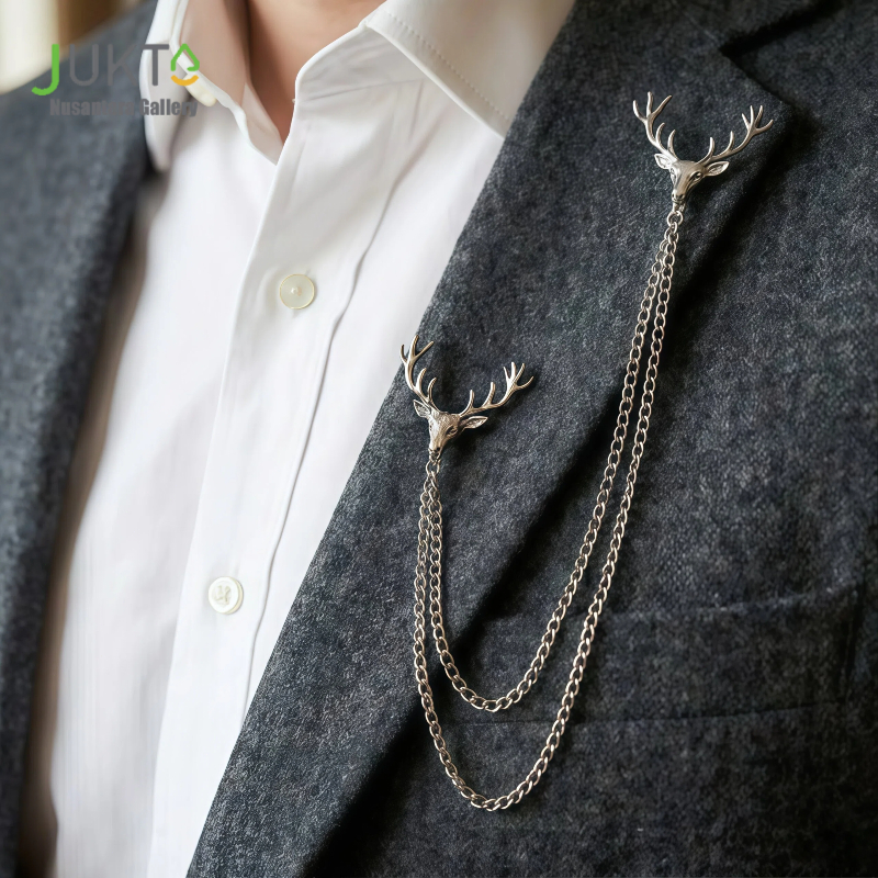 JUKTA [COD] Bros Jas Pria | Motif Kepala Rusa Rantai Rumbai | Lapel Pin Vintage Silver | Aksesoris K