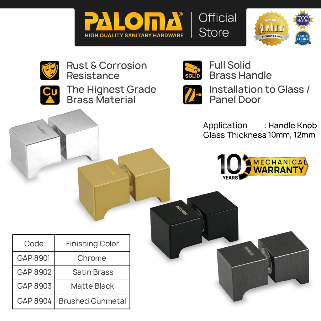 PALOMA Pull Handle Gagang Tarikan Pintu Door Kaca Glass Kamar Mandi Shower Brass Kuningan GAP 89