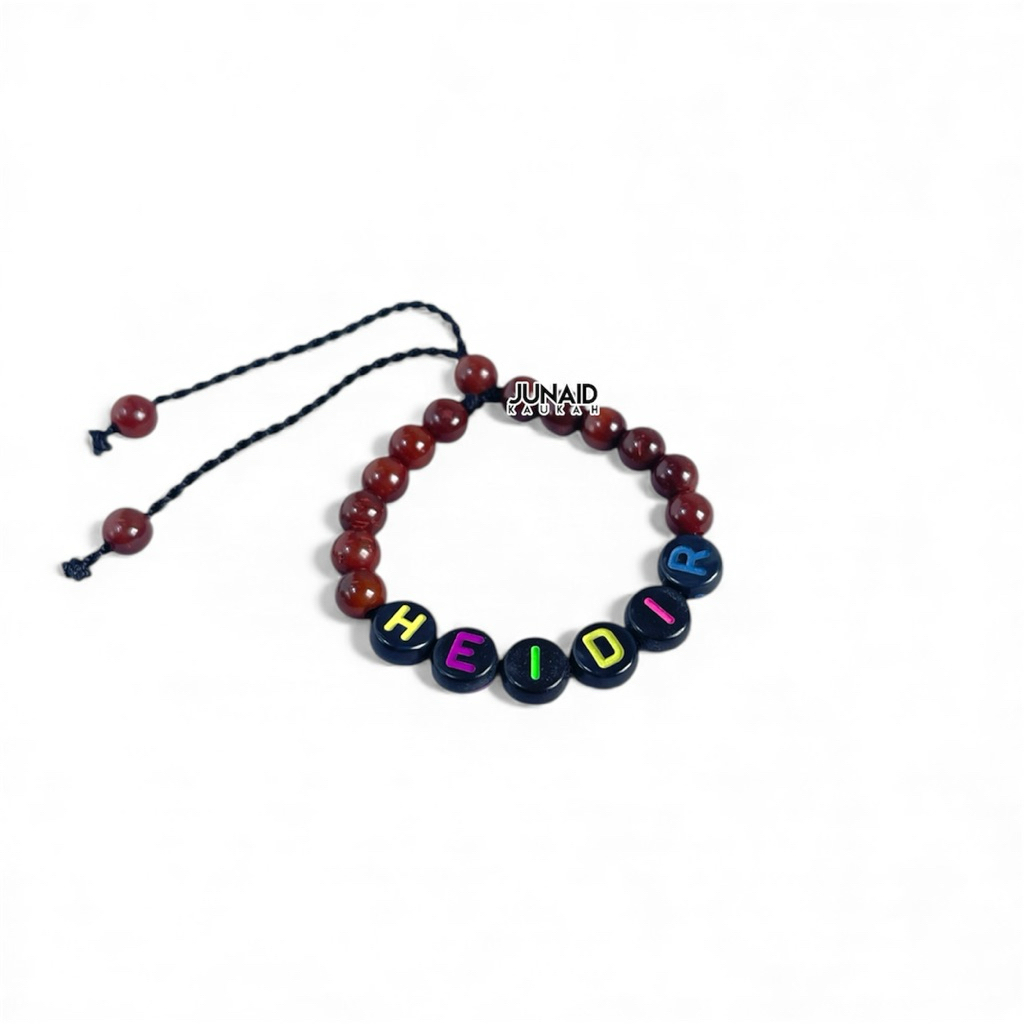 Gelang Bayi & Anak Nama Huruf Manik - Serut Bulat Kayu Kaukah Asli Coklat Hitam Kado Hadiah Newborn