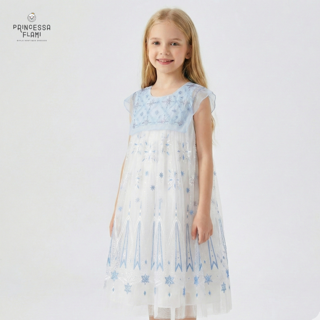 Princessa Flami Dress Anak Karakter Frozen Elsa White Blue K4383