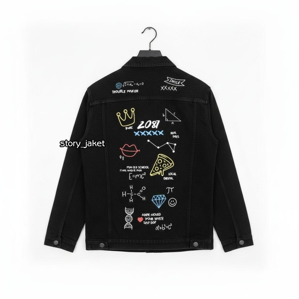 Jaket Jeans Hitam Print Jacket Denim Printing Pria Wanita