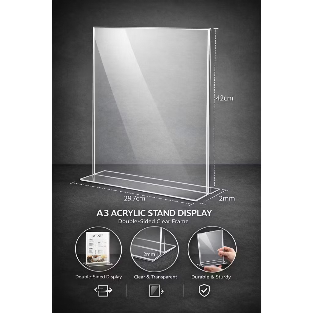 Display Brosur Akrilik / Stand Holder Brosur Acrilyc A3 ukuran 29,7 cm x 42 cm 2mm Type T