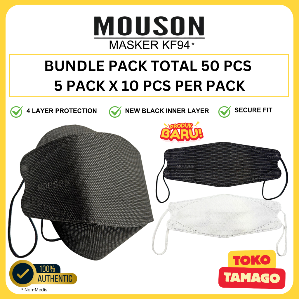 Masker KF94 50pcs Bundle MOUSON | Masker Mulut Dewasa Hitam Putih Masker 4 Lapisan Premium Nyaman