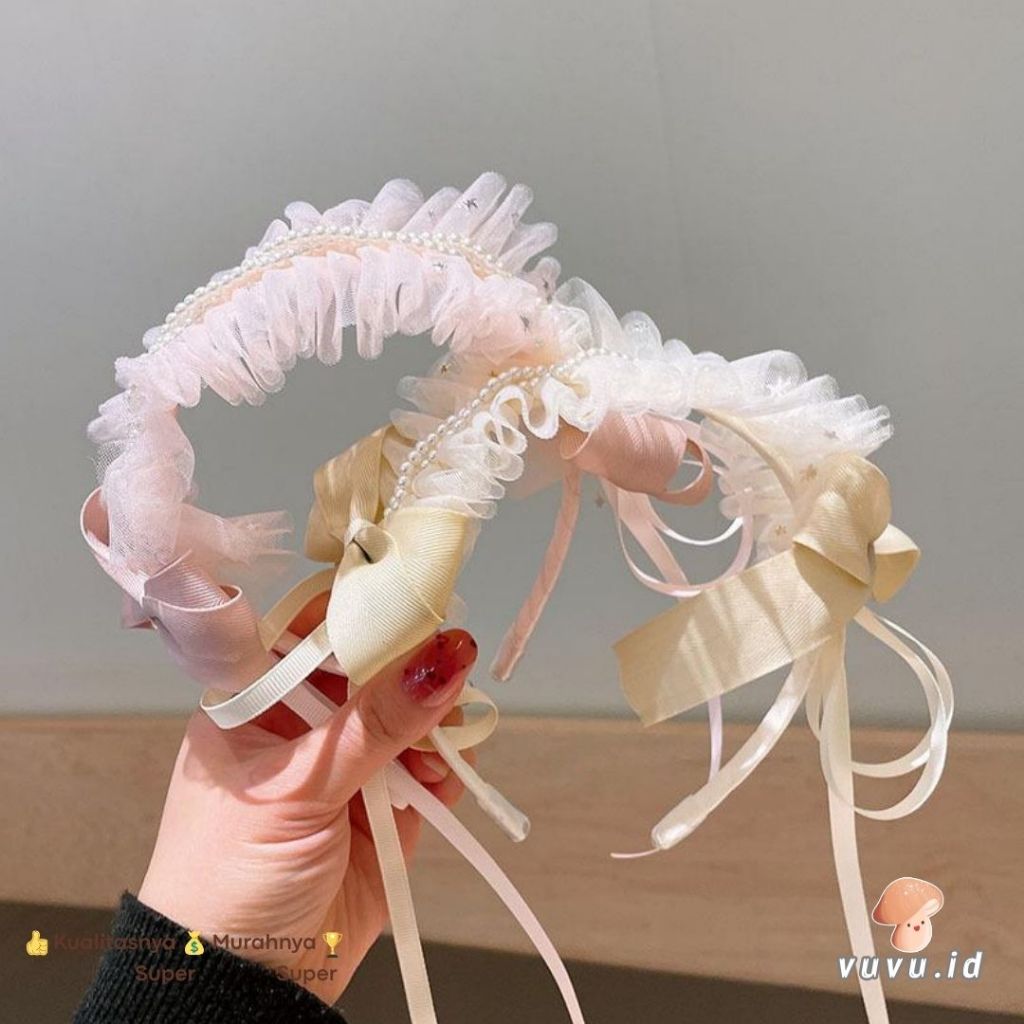 Bando Renda Anak Aksen Mutiara Pita / Headband Anak Lucu Elegan / Aksesoris Rambut Anak Perempuan