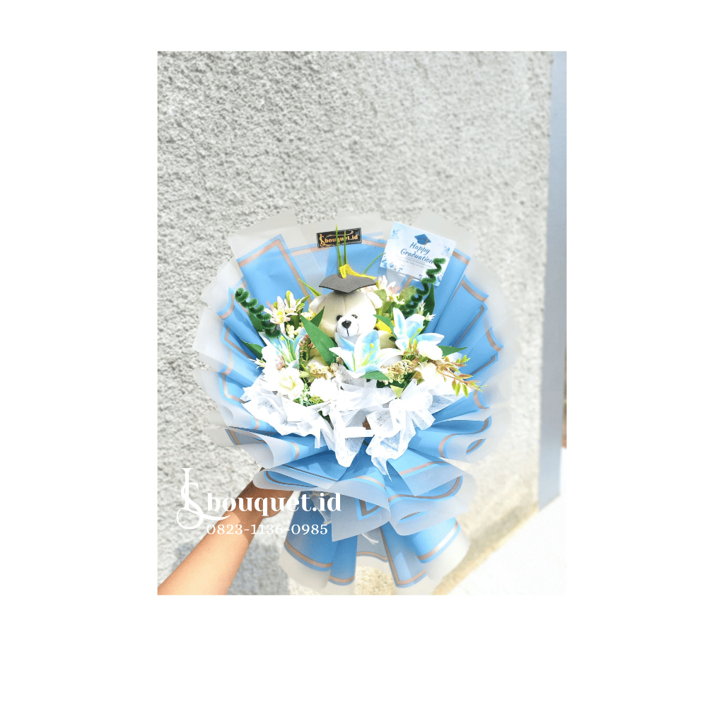 Slbouquet.id - Bouquet Wisuda Teddy Bear Premium - Buket Bunga Lily Biru Putih Artificial Hadiah Kel