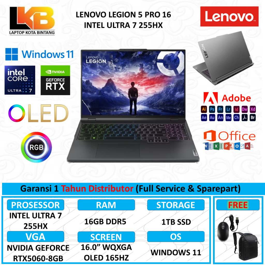 LENOVO LEGION 5 PRO 16 INTEL ULTRA 7 255HX 16GB DDR5 1TB RTX 5060-8GB 16.0 WQXGA OLED 165HZ RGB WIN 