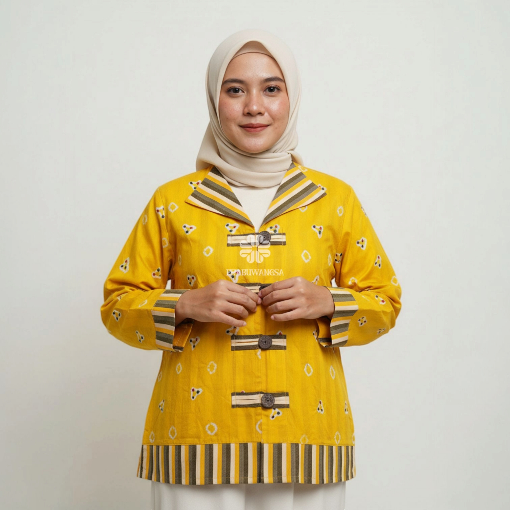 PRABUWANGSA BATIK - kemeja batik wanita kuning jumputan kombinasi lurik