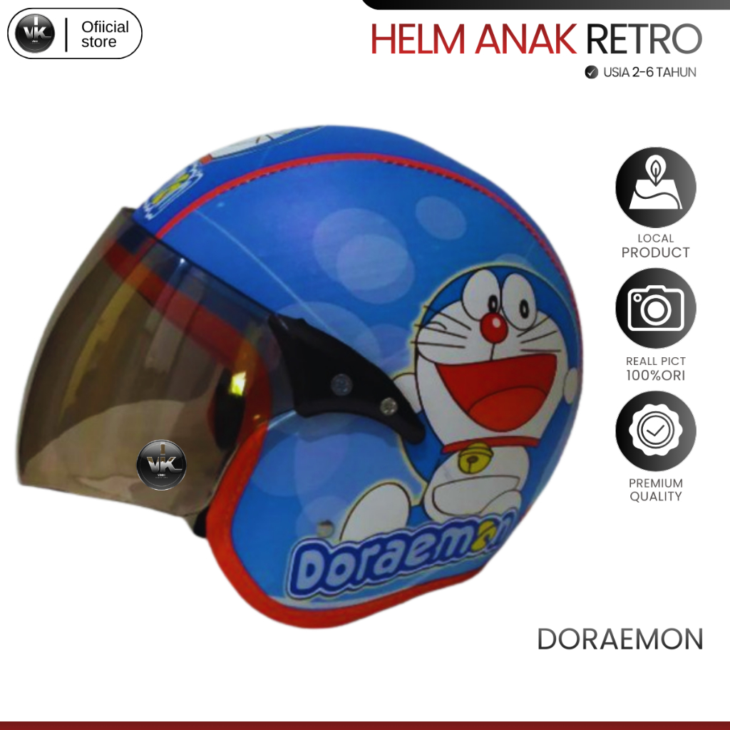 HELM MOTOR ANAK RETRO FULL FACE MOTIF DORAEMON USIA 2-6 TAHUN FULL KULIT