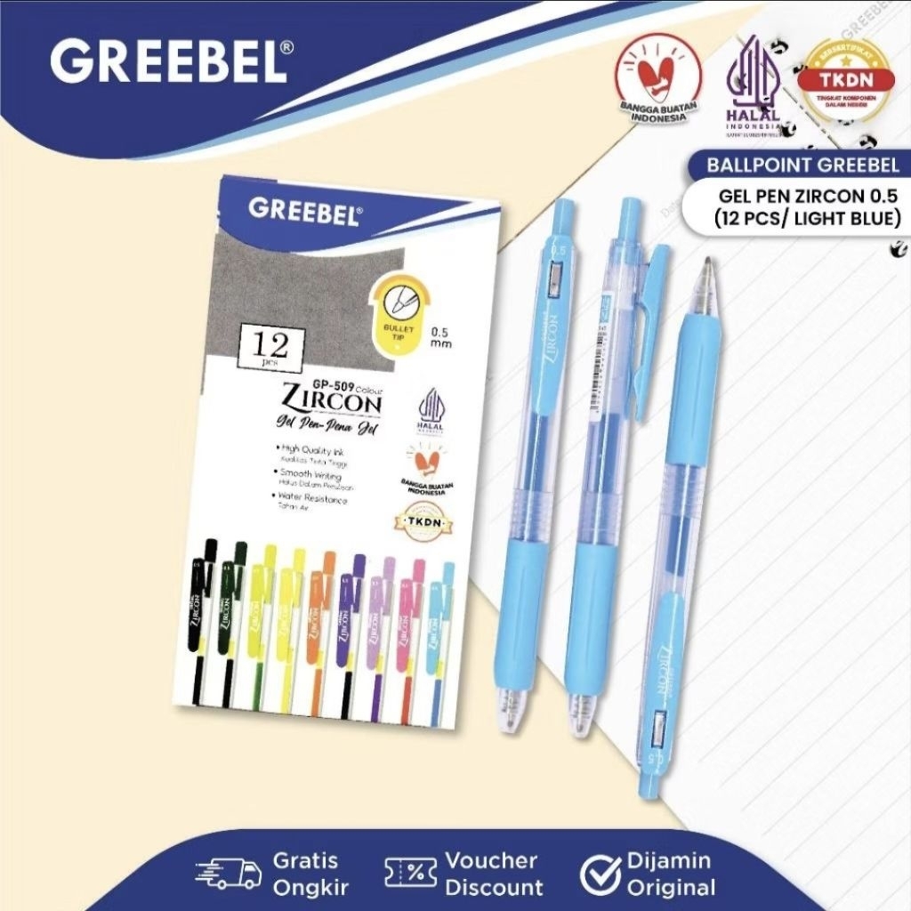 Greebel Pulpen Gel Zircon GP-509 Light Blue 0.5 mm (1 pack isi 12) / Ballpen Gel Zircon 0.5 mm Biru 