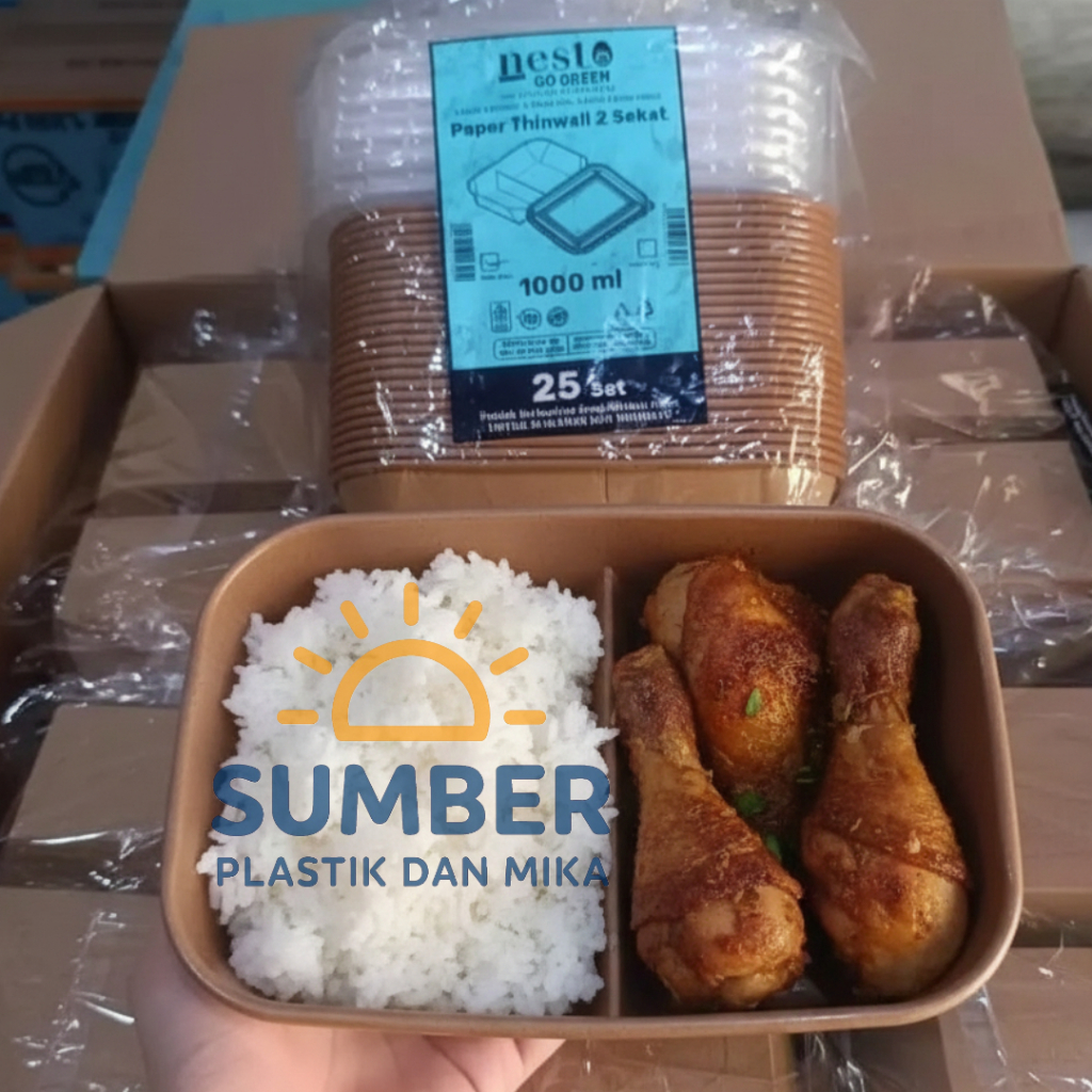 [1Pack 25pcs] PAPER THINWALL SEKAT 2 1000ML KRAFT + TUTUP / PAPER THINWALL 2 SEKAT 1000ML FOODSAFE I