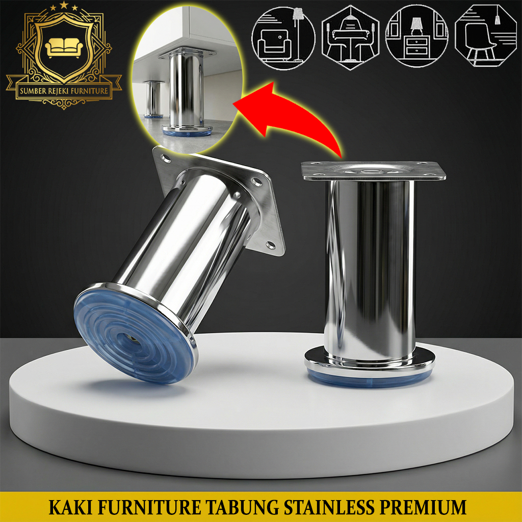 Kaki Sofa Stainless Chrome Tinggi 8cm Tabung Silinder Adjustable Kaki Meja Lemari Rak Kursi Besi