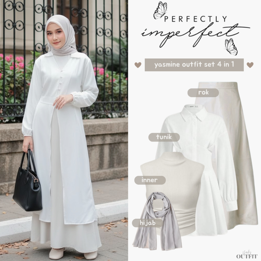 Outfit Wanita Hijab Kekinian ( Tunik + Inner + Rok Payung + Bella Square ) One set OOTD - Yasmine