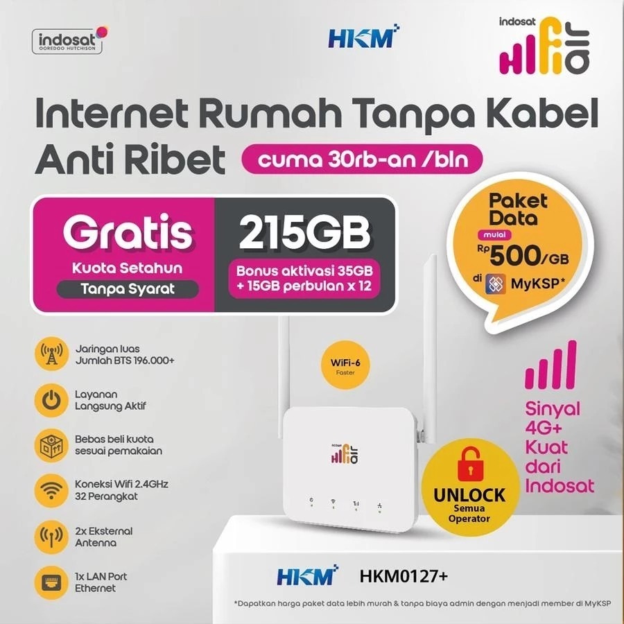 Indosat HiFi Air 4G HKM0127+ Modem 4G High Speed 200Gb Modem Router