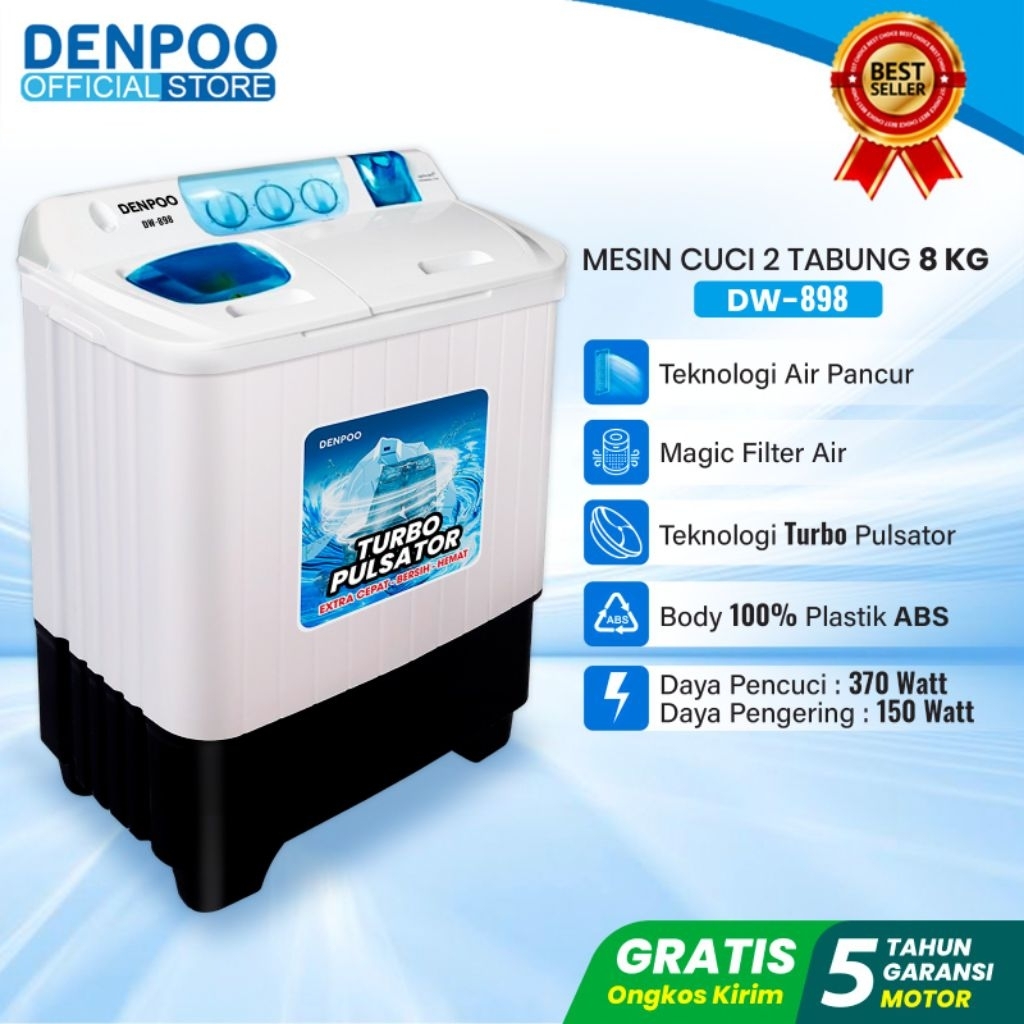 Denpoo Mesin Cuci 2 Tabung 8 Kg Keseluruh Indonesia