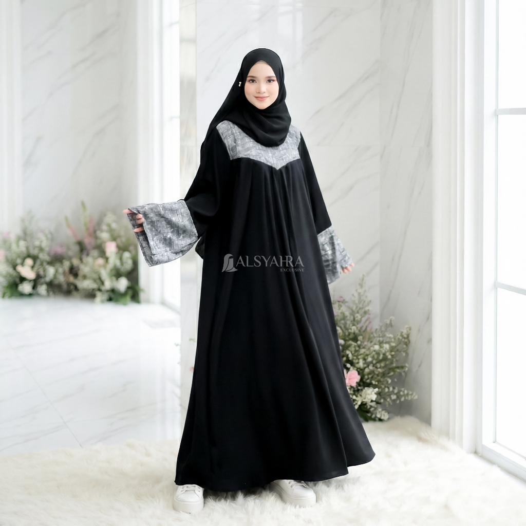 Alsyahra Exclusive - Abaya Gamis Syari Haya Gaza Kombinasi Jetblack Jacquard