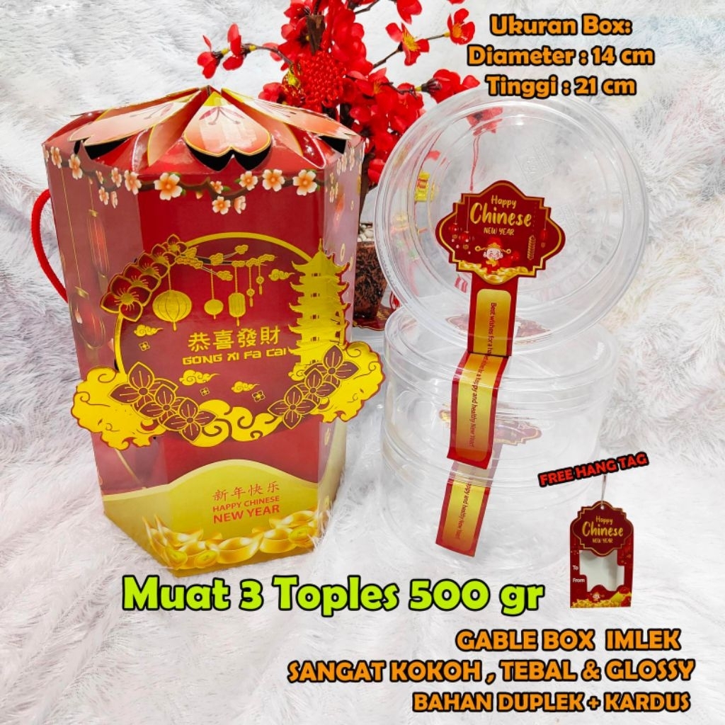 XIANG - Gable box imlek isi 3 toples bulat 500gr kotak kue kering imlek dus tenteng hampers cny sinc