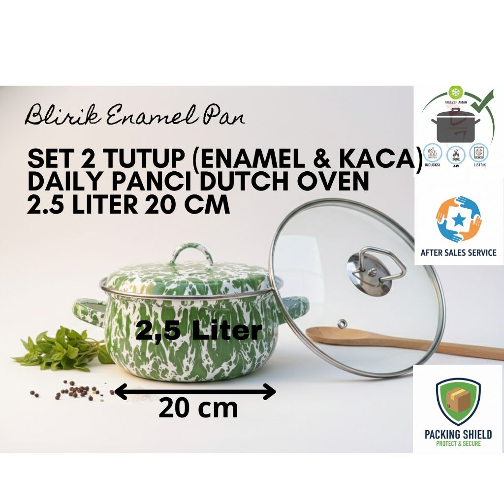 Panci Blirik 2.5 Liter 20 cm Enamel 2 Tutup (Kaca & Enamel) Kedaung Original