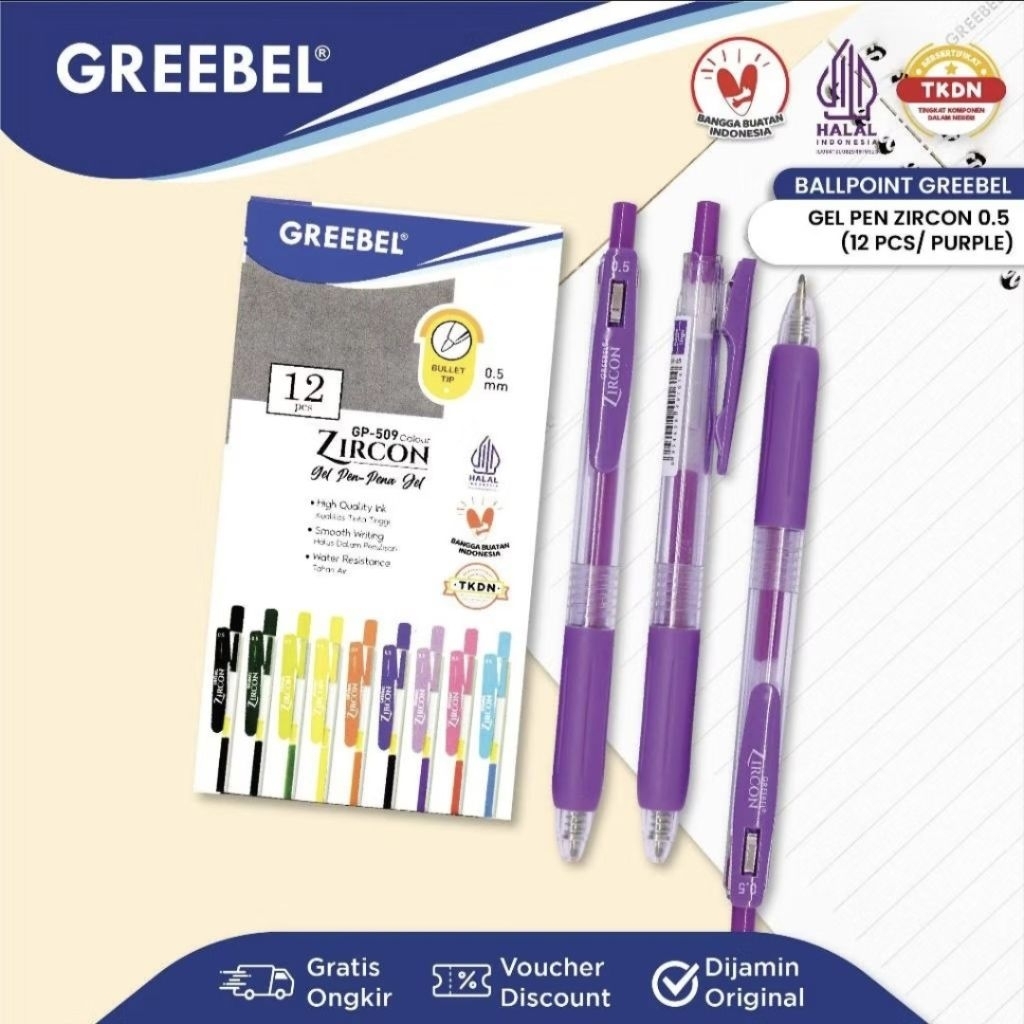 Greebel Pulpen Gel Zircon GP-509 Purple 0.5 mm (1 pack isi 12) / Ballpen Gel Zircon 0.5 mm Ungu / Ba