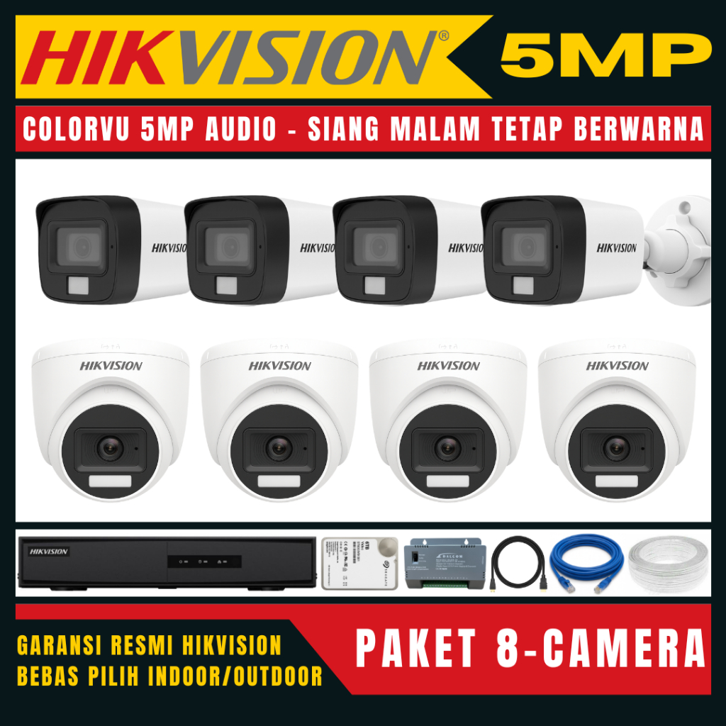 PAKET CCTV HIKVISION COLORVU 5MP 8 CHANNEL 8 KAMERA COLORFUL