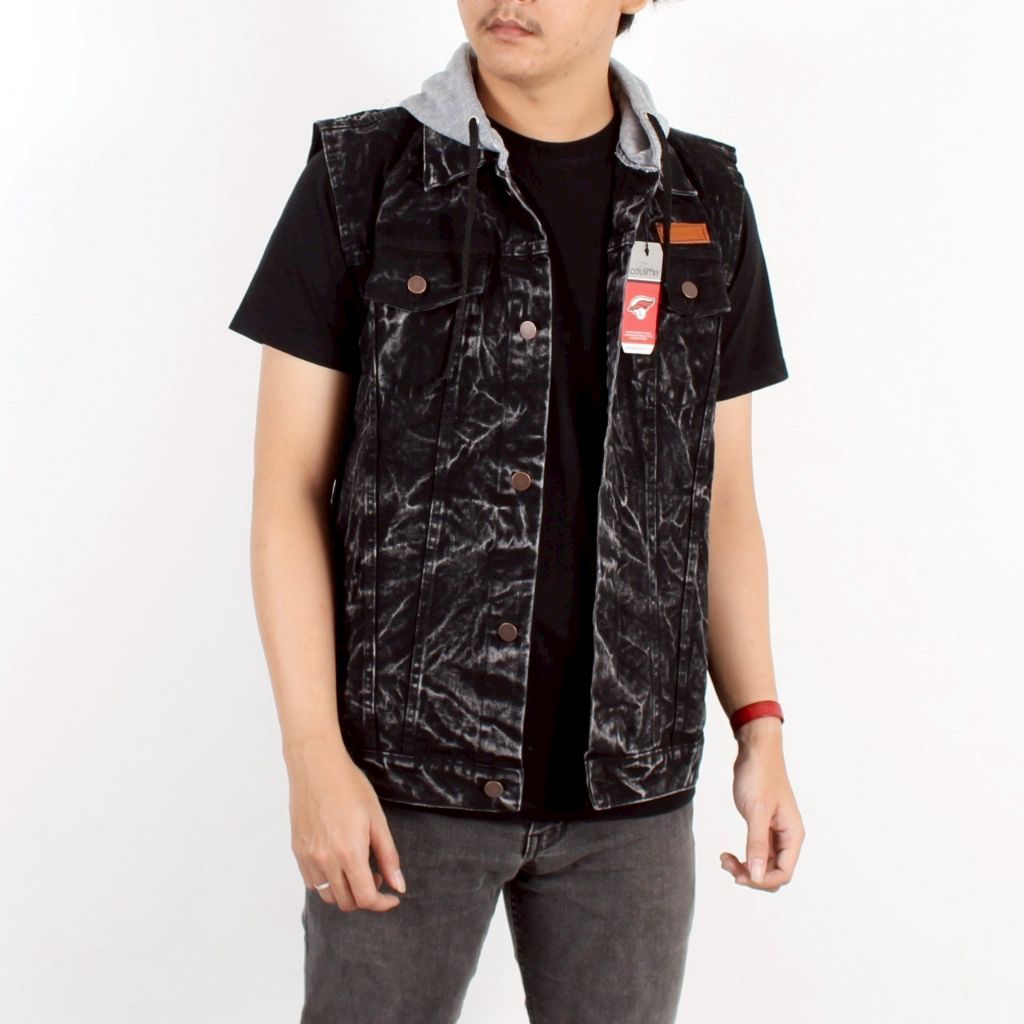 Via - Jaket Rompi Jeans Vest Denim Pria dengan Hoodie Outwear Cocok untuk motoran Flawer Coutry