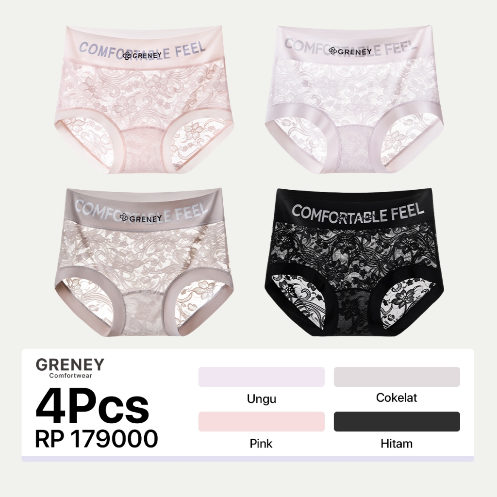 GRENEY-4Pcs CD Renda Pinggang Karet Huruf-Renda CD Fashion Breathable Huruf Paduan Selangkangan panj