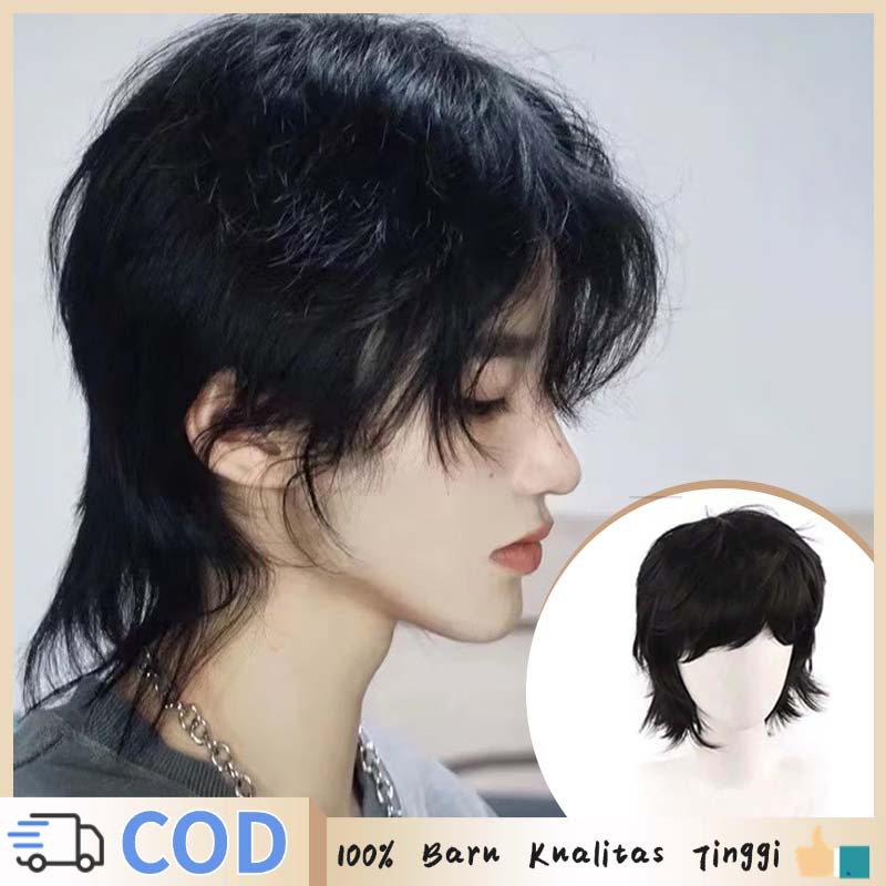 Wig Mullet Wig Pria Mullet Panjang Wig Cowok Murah Wig Ekor Serigala Jepang