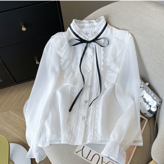 Atasan Ruffle Blouse Putih Wanita Korea Style Kerah Tinggi sifon Korea Style