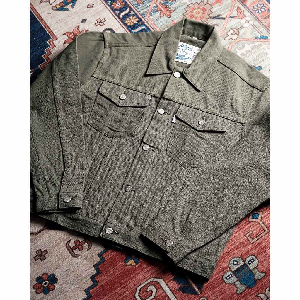 Mihane Jeans - Jacket Pria Denim Selvedge - EXT Type III 15oz Unsanforized Olive Herringbone Red Lin