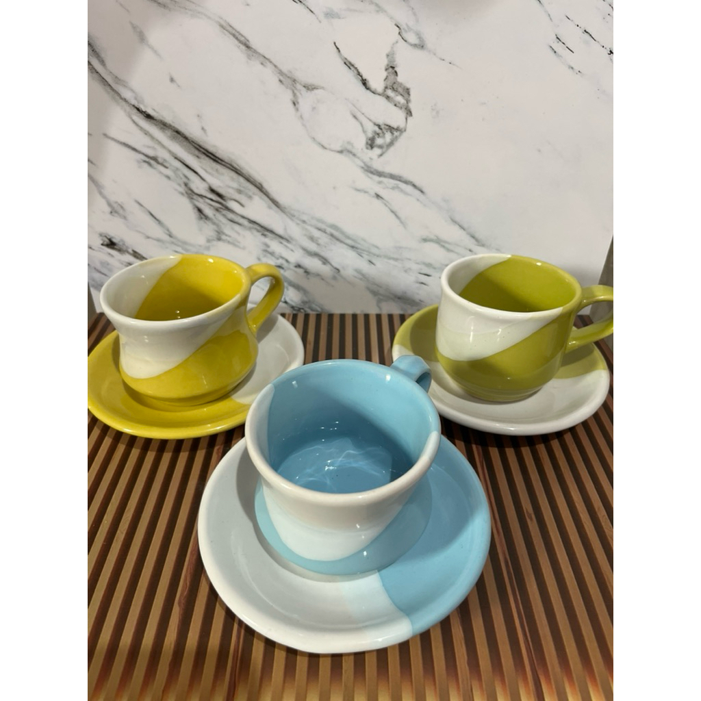 Cangkir dengan Tatakan Keramik (1 Set) Two Tone| Cangkir Estetik Keramik