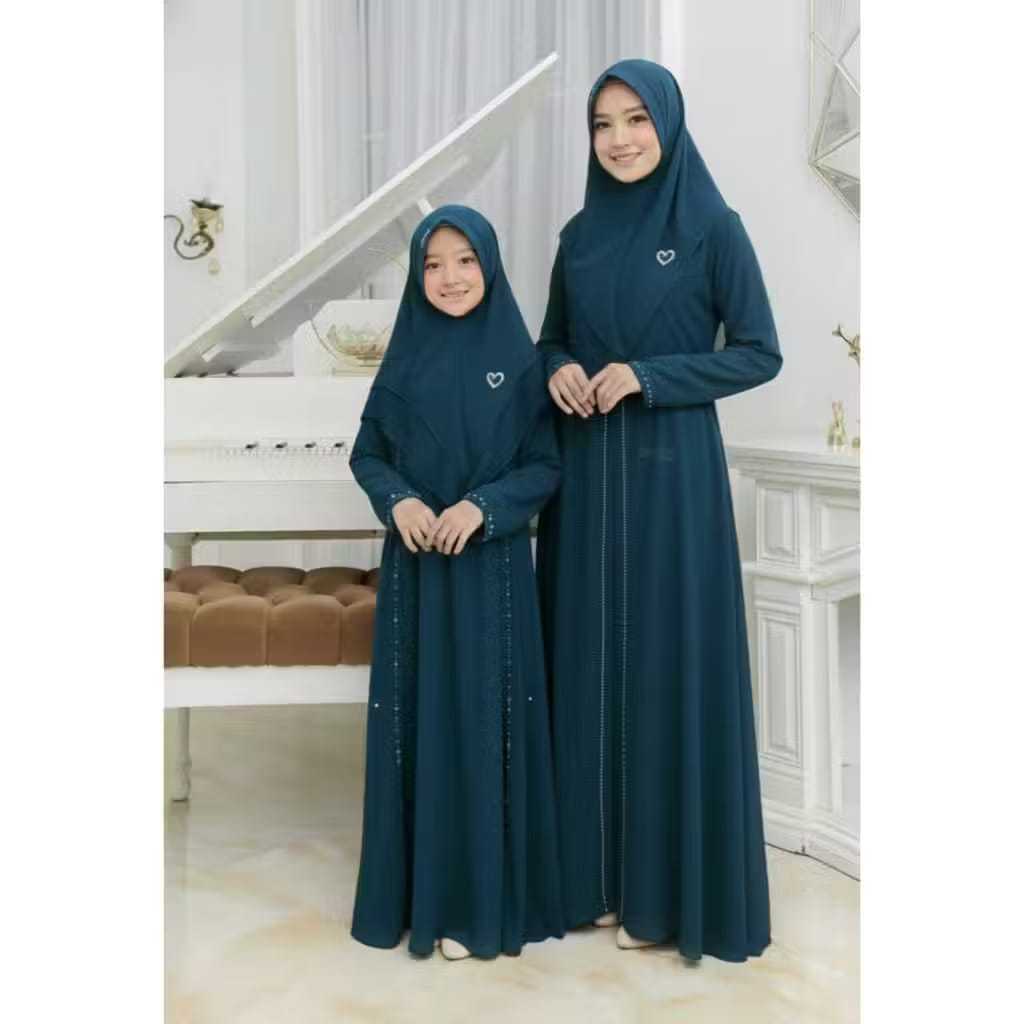 Couple Abaya Ibu Anak Perempuan 2026 Mahreen Dress Apliks Payet Mutiara Ceruty Emerald Blue Mahogany