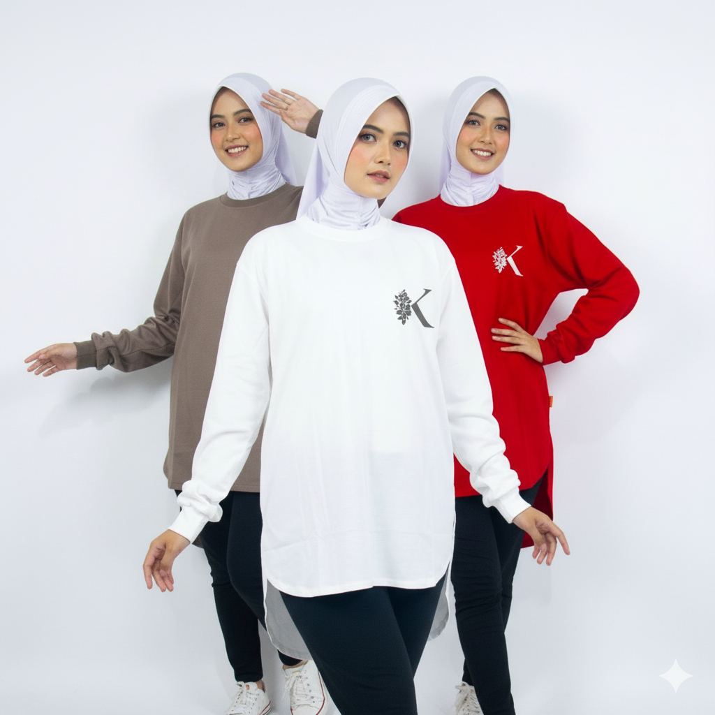 Long Tunik Kaos Kasual Motif Lengan Panjang Atasan Wanita Terbaru Kombed 20s Jumbo Muslimah