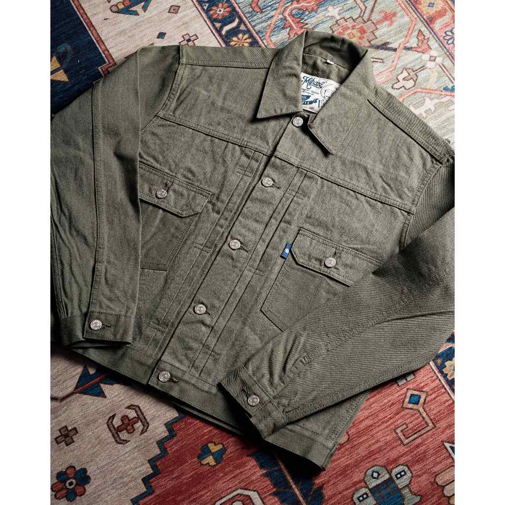 Mihane Jeans - Jacket Pria Denim Selvedge - EXT Type II 13.5oz Unsanforized Olive Twill Red Line Sel