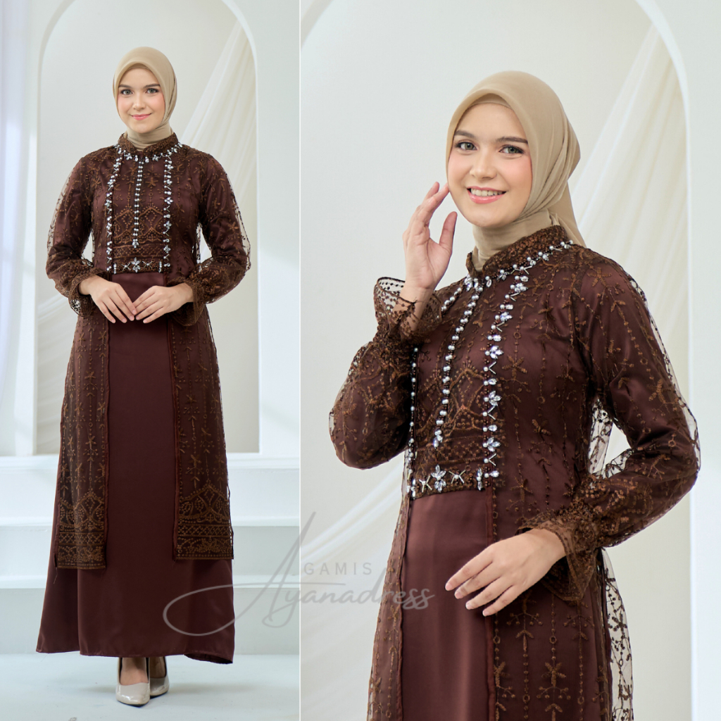 Gamis Pesta Inner Outer Dress Wanita Diandra Silk Burgandy dengan Aplikasi Brukat dan Payet Mutiara 