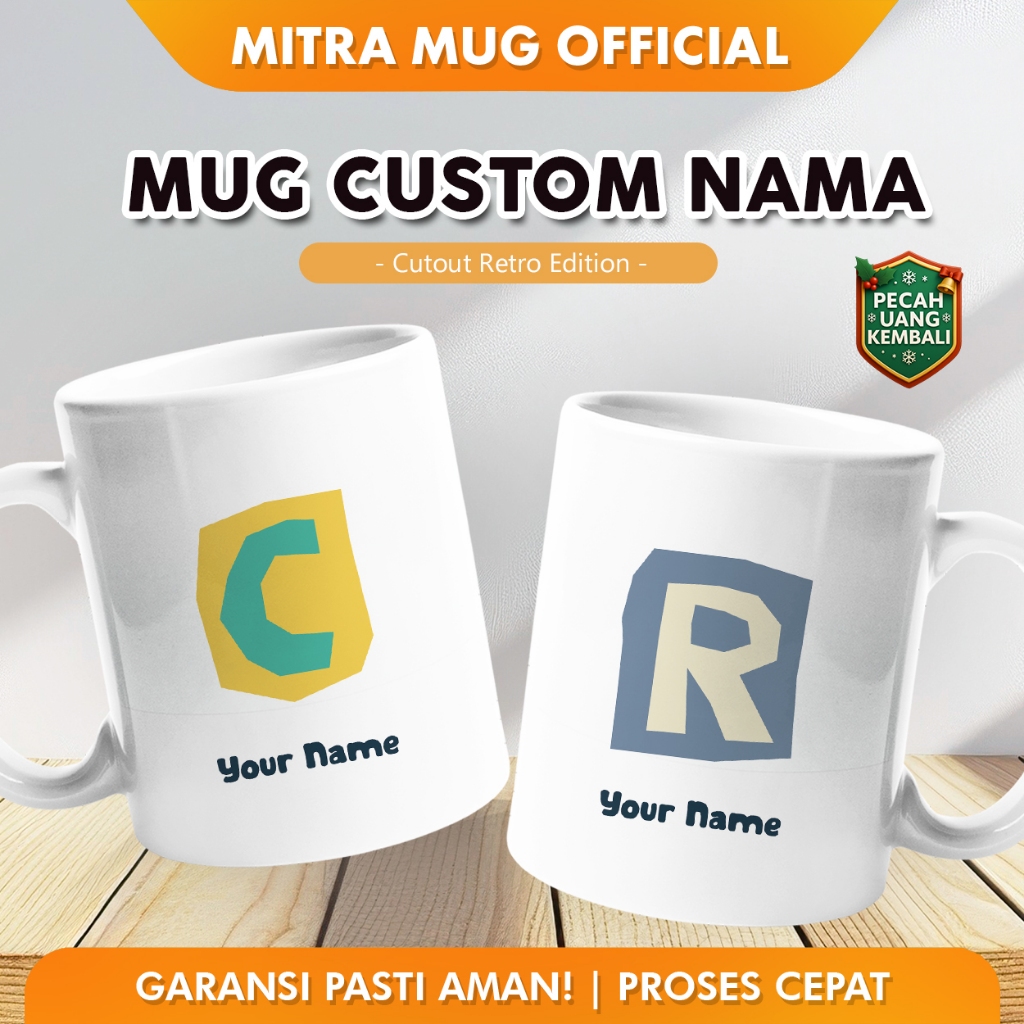 Custom Gelas Mug Nama Initial Huruf Tulisan - Cutout Retro