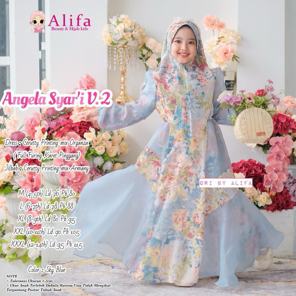Gamis Anak Perempuan Angela Syar’i V2 Ori Alifa | Dress Ceruty Printing Mix Organza Full Furing