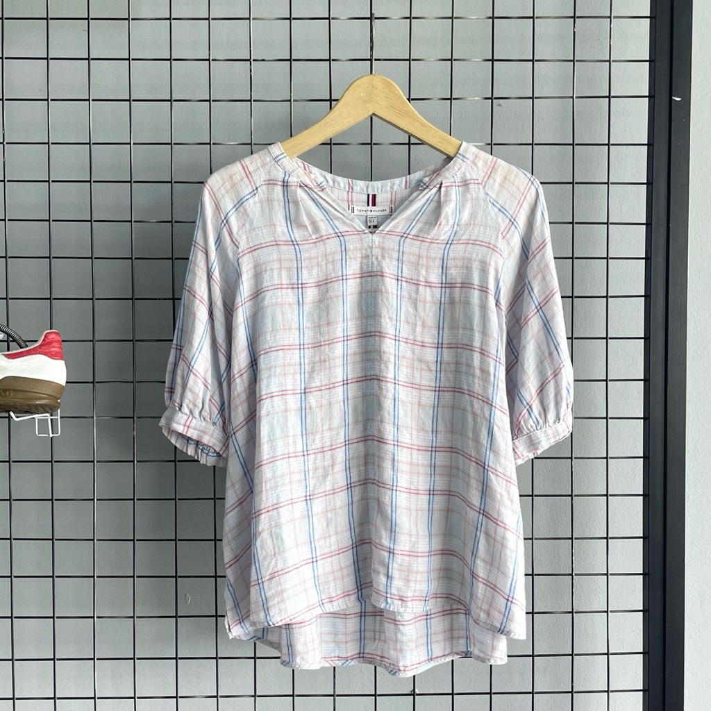 Tommy Hilfiger Plaid Linen Blouse / Atasan Wanita Tommy Hilfiger